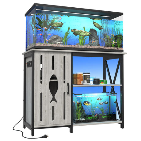 PAPIHO 40-50 Gallon Aquarium Stand,Fish Tank Stand with Cabinet Storage,Power Outlets & LED Light,Heavy Duty Metal Frame Aquarium Stand for Turtle Tank,Reptile Terrarium,800LBS Capacity,Grey PAPIHO