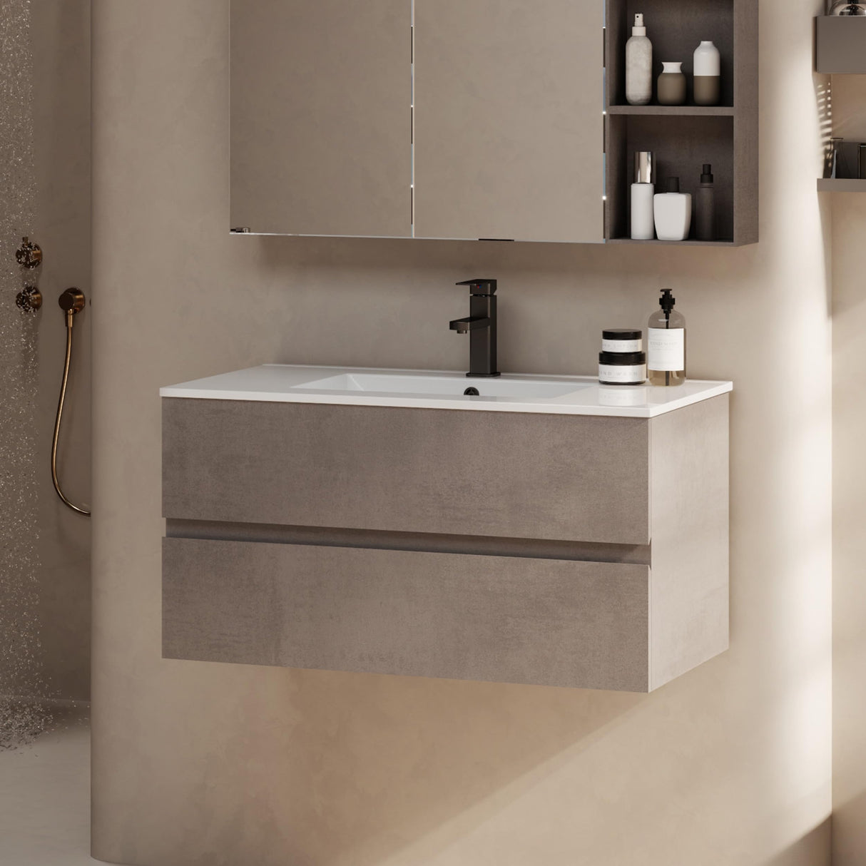 eclife 36" Wall Mounted Bathroom Vanity with Sink Combo Set, Floating Bathroom Storage Cabinet w/Bevelled Invisible Handles, 2 Drawers, Ceramic Sink & Black Faucet, Cement Grey eclife