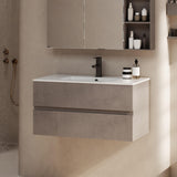 eclife 36" Wall Mounted Bathroom Vanity with Sink Combo Set, Floating Bathroom Storage Cabinet w/Bevelled Invisible Handles, 2 Drawers, Ceramic Sink & Black Faucet, Cement Grey eclife
