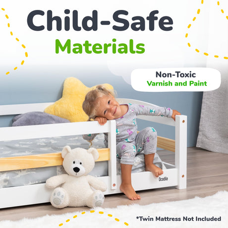 Twin Floor Bed with Safety Guardrails for Kids, Montessori Inspired with Rails and 2 Openings, Twin Size Bed Frame for Girls and Boys - White Ocodile