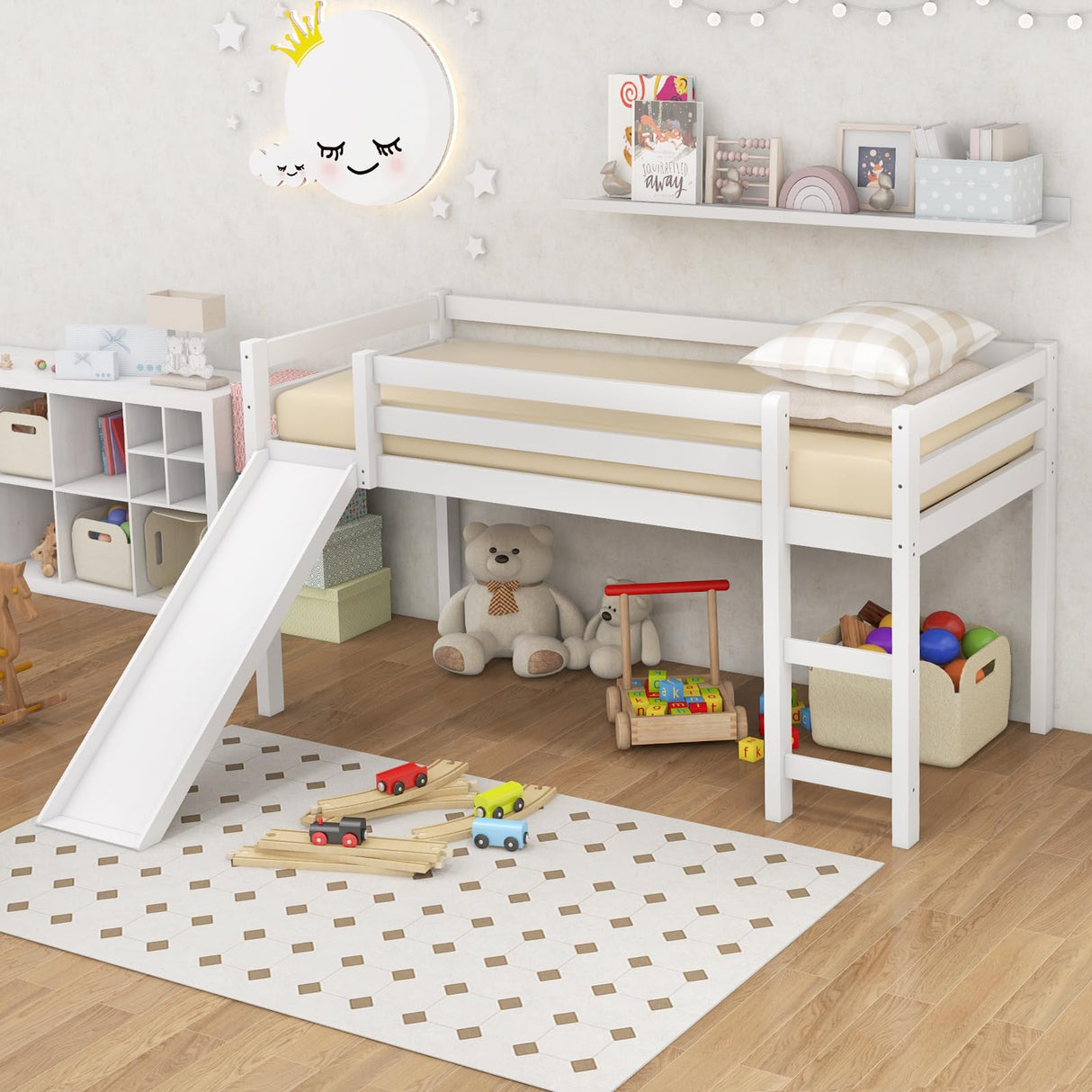 Giantex Twin Loft Bed with Slide, Wood Low Loft Bed for Kids, Toddlers, Climbing Ladder & Storage Space, Twin Kids Bed for Girls Boys, No Box Spring Needed, White Giantex