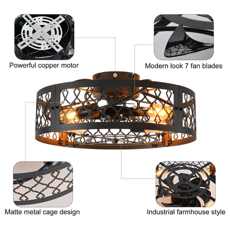 Garwarm 20in Caged Ceiling Fan with Light,Bladeless Black Fandelier Ceiling Fan with Remote,Industrial Farmhouse Flush Mount Ceiling Fan Light Fixtures for Kitchen,Bedroom, Living room（6 Speed,Timing） Garwarm