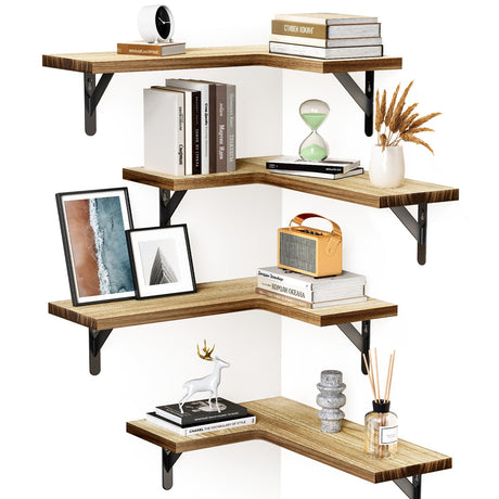 AMADA HOMEFURNISHING Corner Floating Shelves, Set of 4 Corner Shelves Wall Mounted, Shelves for Wall Decor, Corner Wood Shelves for Home Decor, Office, Bedroom, Bathroom, Laundry Room, Kitchen AMADA HOMEFURNISHING