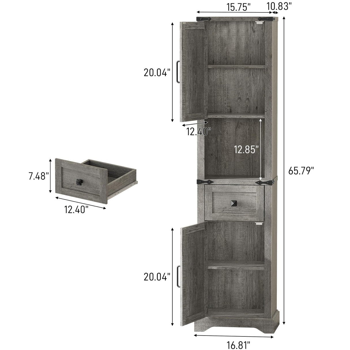 66" Tall Farmhouse Bathroom Storage Cabinet with Barn Doors and Drawer, Narrow Storage Unit, Adjustable Shelves & 5-Tier Space, Freestanding Cabinet for Bathroom, Entryway, Kitchen, Wash Grey Vabches