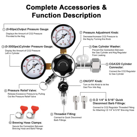 CGA-320 Kegerator Regulator, Dual Gauge Co2 Regulator for Kegerator Co2 Regulator Beer Tap for Keg with 1/4'' & 5/16'' Quick Disconnect Barb Connectors & Safety Relief Valve for Co2 Cylinder Tank Dbgogo