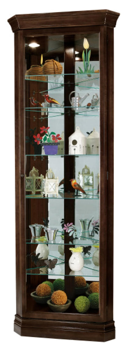 Howard Miller Dustin Corner Curio Cabinet - 80x28 Inches Showcase Espresso Finish Adjustable Shelves & Levelers Illuminated Interior Lightning Perfect for Living Room Office and Room Decor