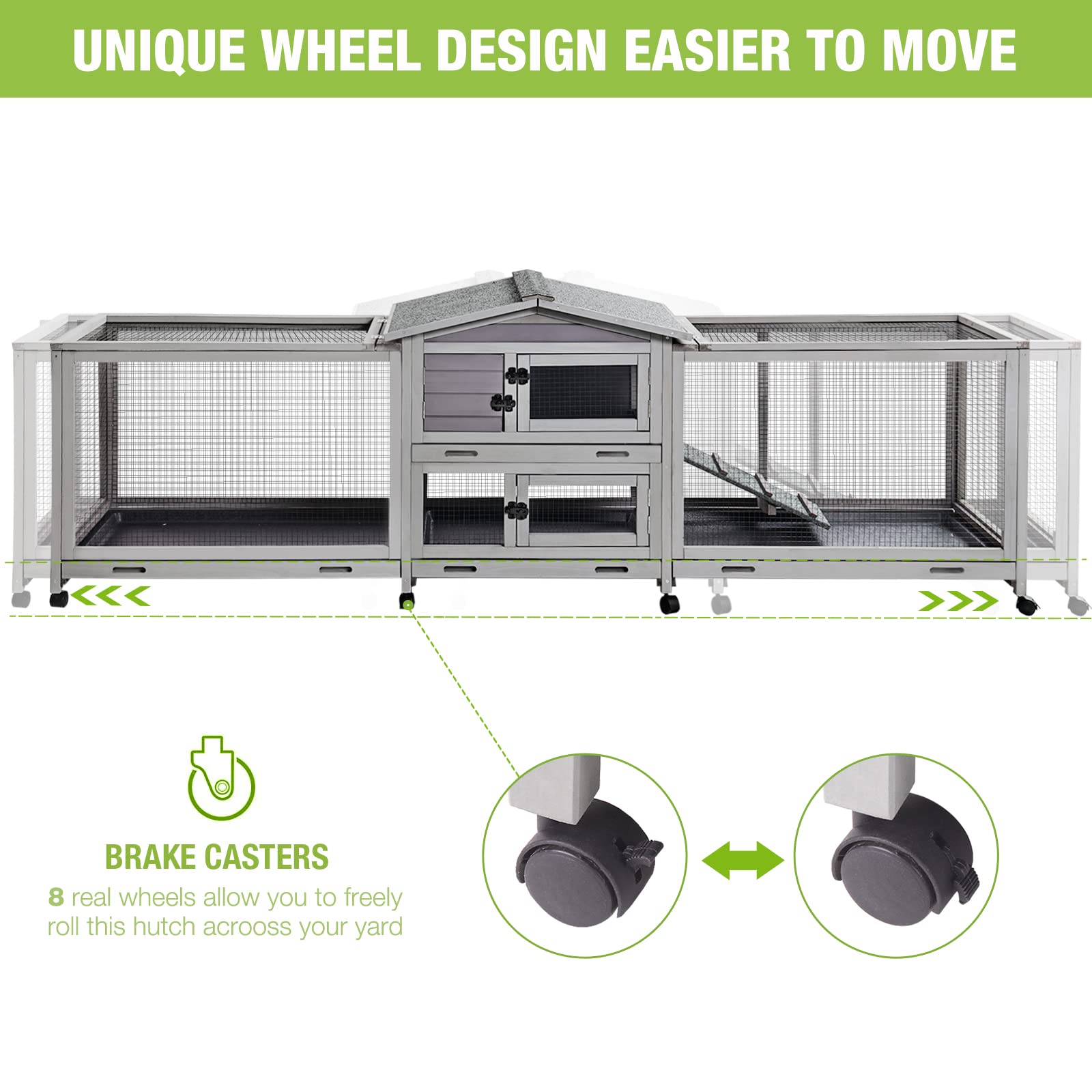 Rabbit Hutch Bunny Cage Indoor & Outdoor Rabbit Cage on Wheels, Large Guinea Pig Cage with 4 Deep No Leakage Pull Out Trays - 93.7" - WoodArtSupply