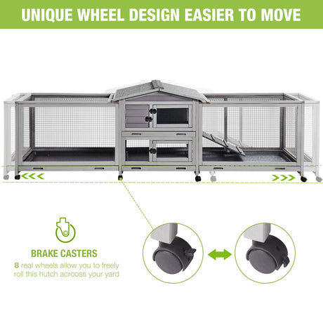 Rabbit Hutch Bunny Cage Indoor & Outdoor Rabbit Cage on Wheels, Large Guinea Pig Cage with 4 Deep No Leakage Pull Out Trays - 93.7" GUTINNEEN