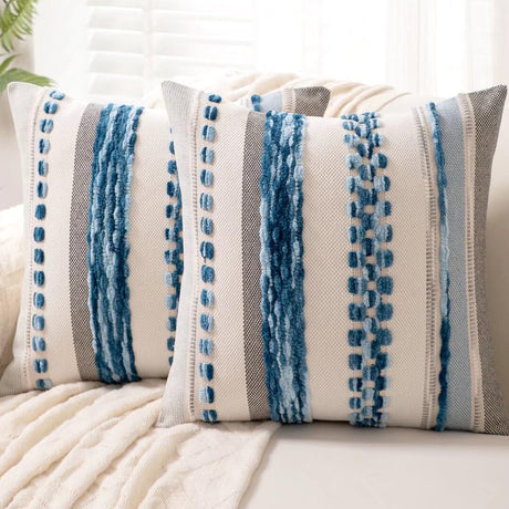 WANLIRD Boho Throw Pillow Covers 18x18 Set of 2 Farmhouse Decorative Cushion Case Striped Square Pillows Cover Chenille Pillow Cases Accent Neutral Pillowcase for Sofa Couch Bed,Sky Blue WANLIRD