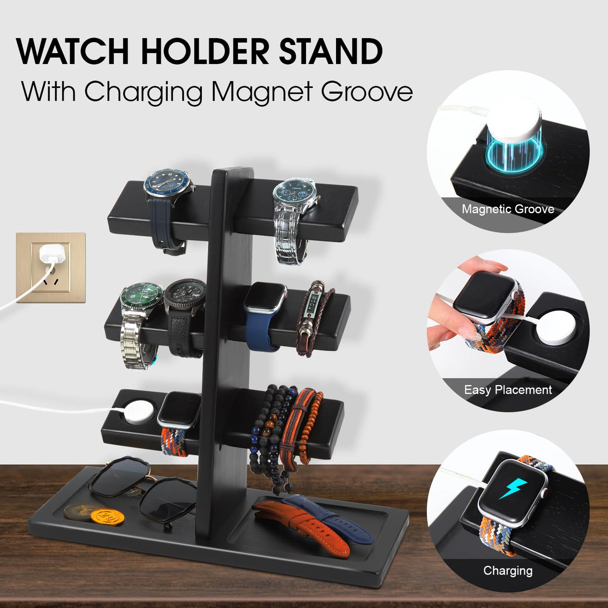 Xnwouco Watch Stand for Men, Watch Display Stand with Charger Groove, Wooden Watch Holder Stand, Jewelry Holder Organizer for Rings, Jewelry, Coins Bracelets, Great Gifts for Men Women, Black Xnwouco