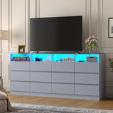 Loomie 12-Cell Divided Drawers Grey Dresser with Charging Station & Led Lights for Bedroom, Long 63" Wide Dresser TV Stand for TVs up to 75", Large Dressers Organizer with 4 Open Cubbies Loomie