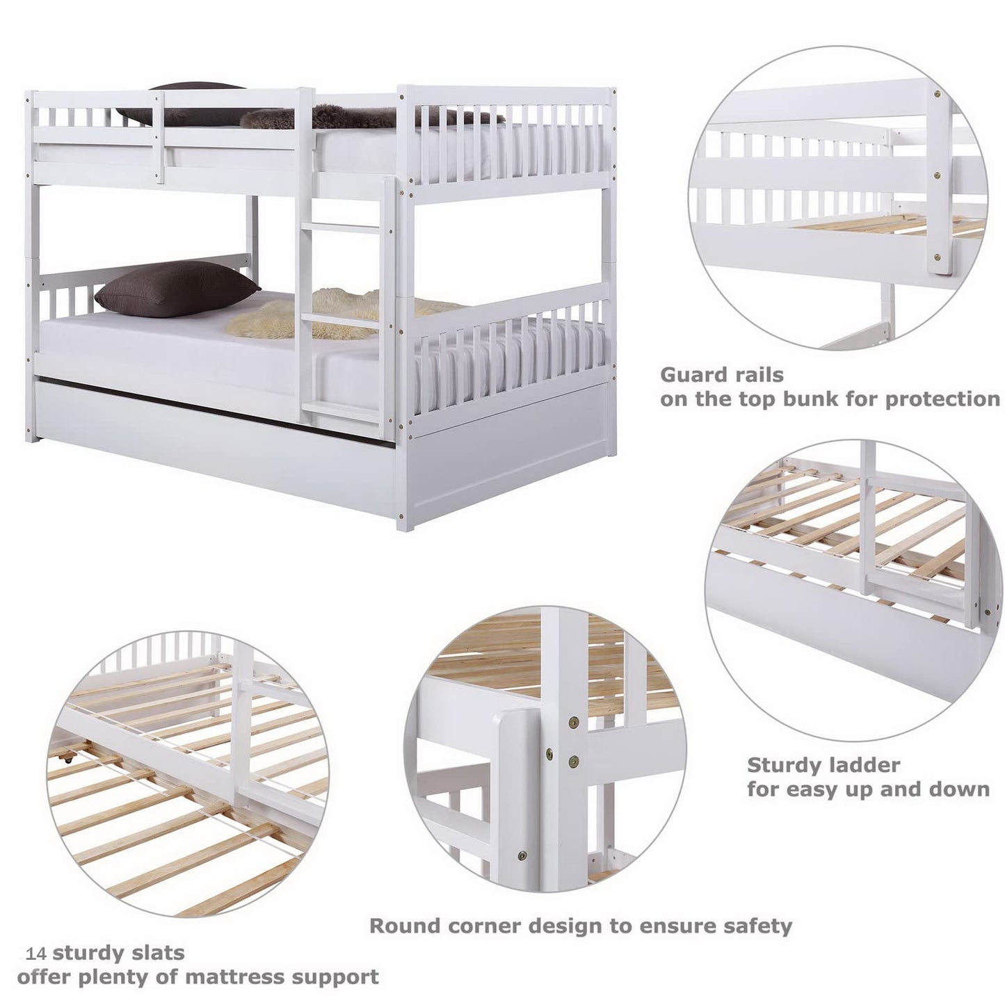 WIILAYOK Full Over Full Bunk Bed with Trundle, Convertible to 2 Full Size Platform Bed, Full Size Bunk Bed with Ladder and Safety Rails for Teens, Adults, White