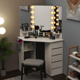 GOFLAME Corner Vanity with Mirror and Lights, Compact Vanity Table with Charging Station, 3 Lighting Modes, 5 Drawers, Dressing Table, Modern Makeup Vanity Desk with Triple Mirror for Bedroom (White) GOFLAME