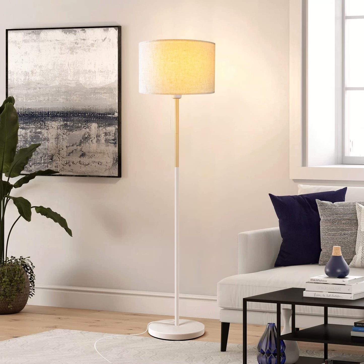 Modern Floor Lamp for Living Room Traditional Farmhouse Floor Lamps Mid-Century Pole Lamp with Linen Lamp Shade, Standing Tall Floor Lamps for Bedrooms and Office (White) - WoodArtSupply