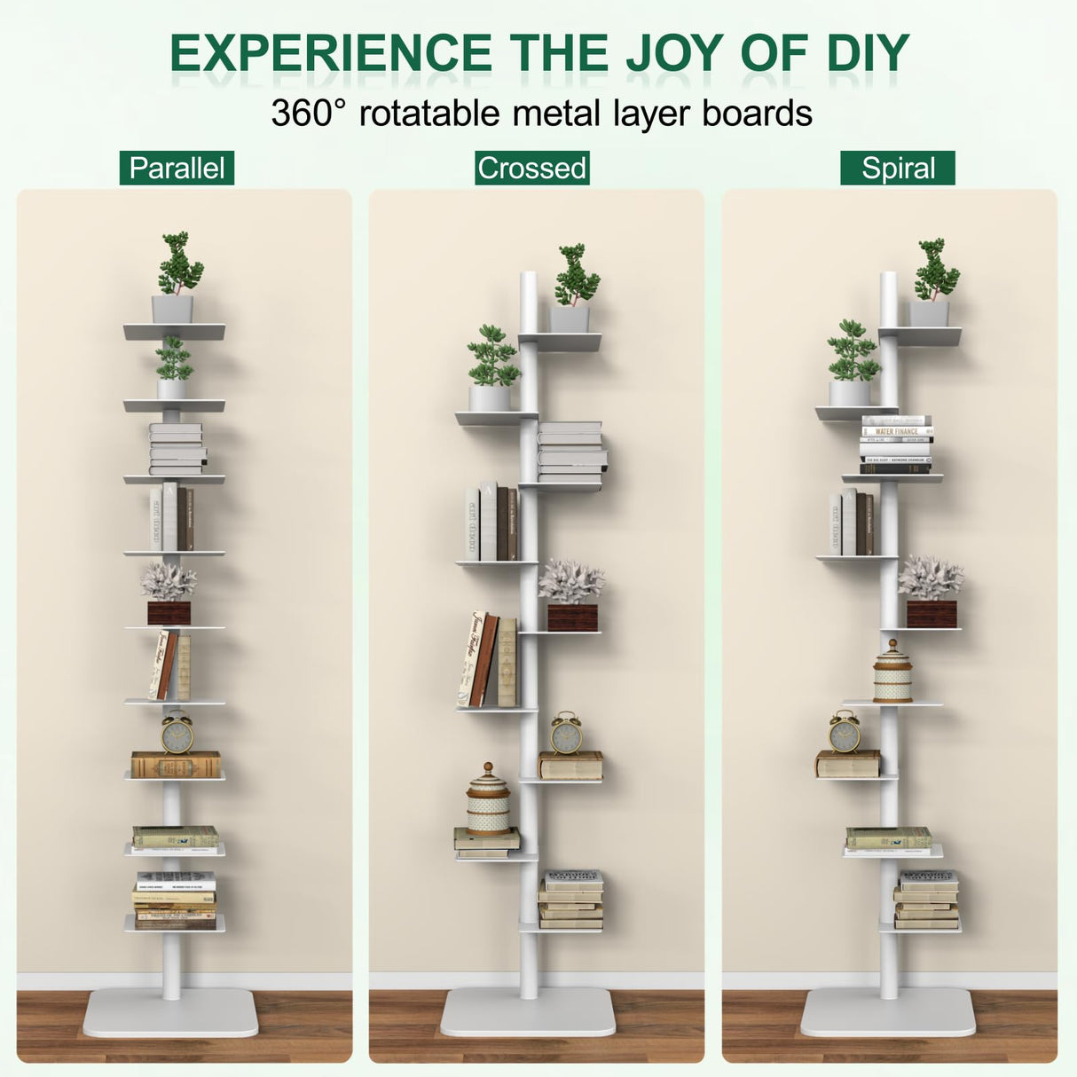 LXSEHN 9 Tier Metal Spine Bookshelf Tower, Adjustable Vertical Spine Book Tower Floor, Metal Vertical Bookshelf for Study Room,Living Room,Office,Bedroom (White) LXSEHN