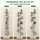 LXSEHN 9 Tier Metal Spine Bookshelf Tower, Adjustable Vertical Spine Book Tower Floor, Metal Vertical Bookshelf for Study Room,Living Room,Office,Bedroom (White) LXSEHN