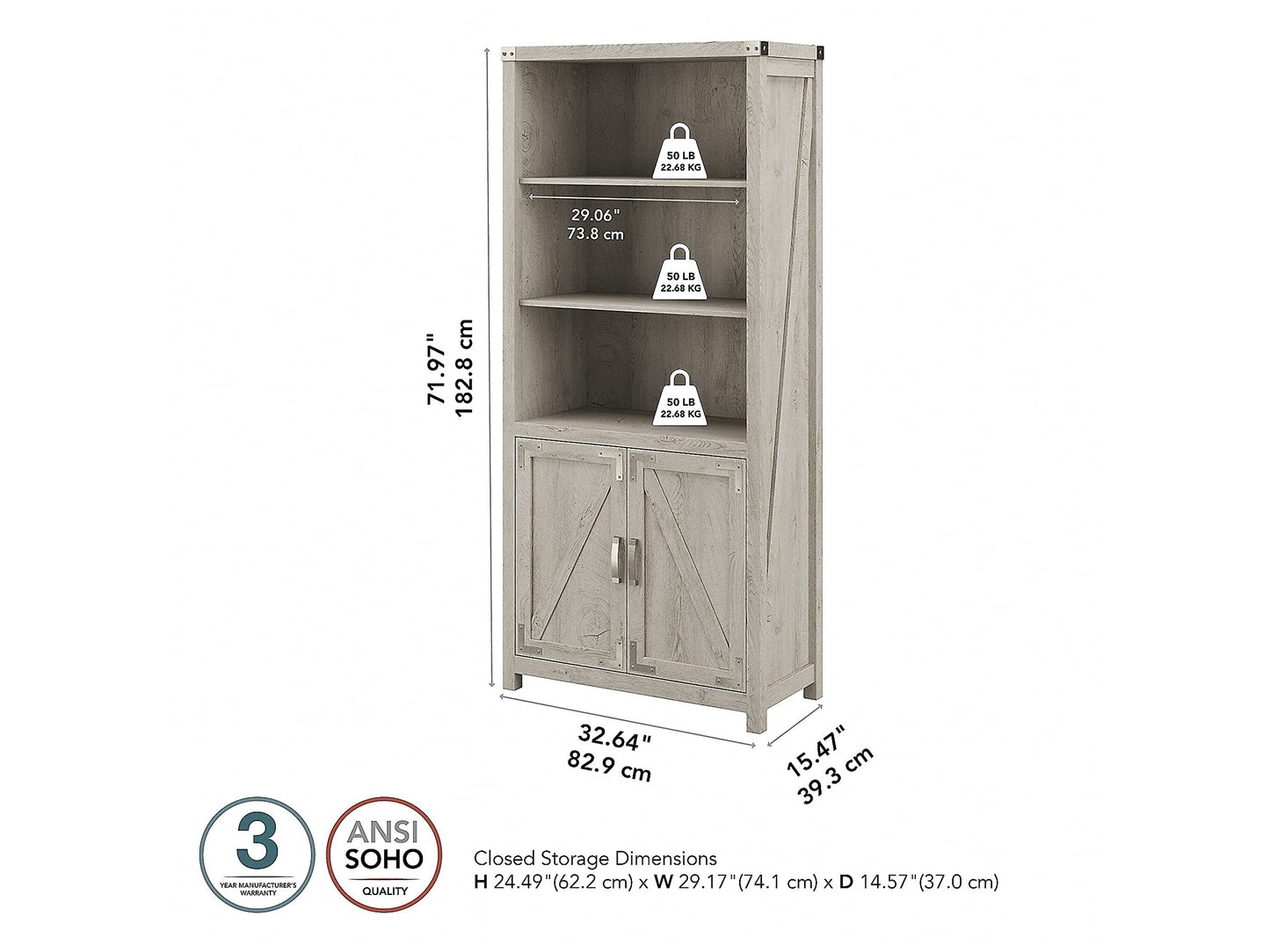 Cottage Grove 5-Shelf Tall Bookcase with Doors in Cottage White - WoodArtSupply