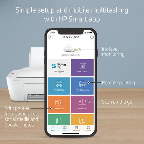 HP DeskJet 2752 All-in-One Color Inkjet Printer Scanner and Copy with Mobile Printing, Wireless Printers for Home and Office, Instant Ink Ready, Dual-Band WiFi, 8RK11A (Renewed) HP