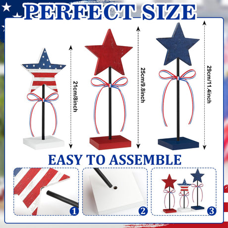 4th of July Tiered Tray Decor Wooden Star Set, 3 Pcs Memorial Day Table Decorations, Rustic Patriotic Tabletop Home Decor, Red White and Blue Decorations for Home (Retro) Hedeey