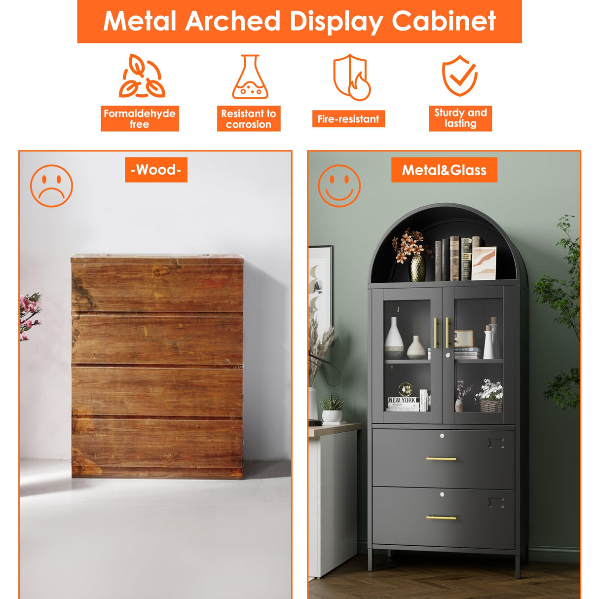 GangMei 2 Drawer Lateral File Cabinets for Home Office, 73 inch Tall Metal Arch Cabinet with Locking Glass Doors, Black Arched Bookcase with Drawers for A4/Letter/Legal File(Assemble Required) GangMei