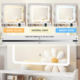 Vabches Makeup Vanity Desk with Mirror and Lights, White Vanity Table with Lighted Mirror & Power Outlet, Makeup Desk with 2 Drawers and Cabinet, for Bedroom Vabches
