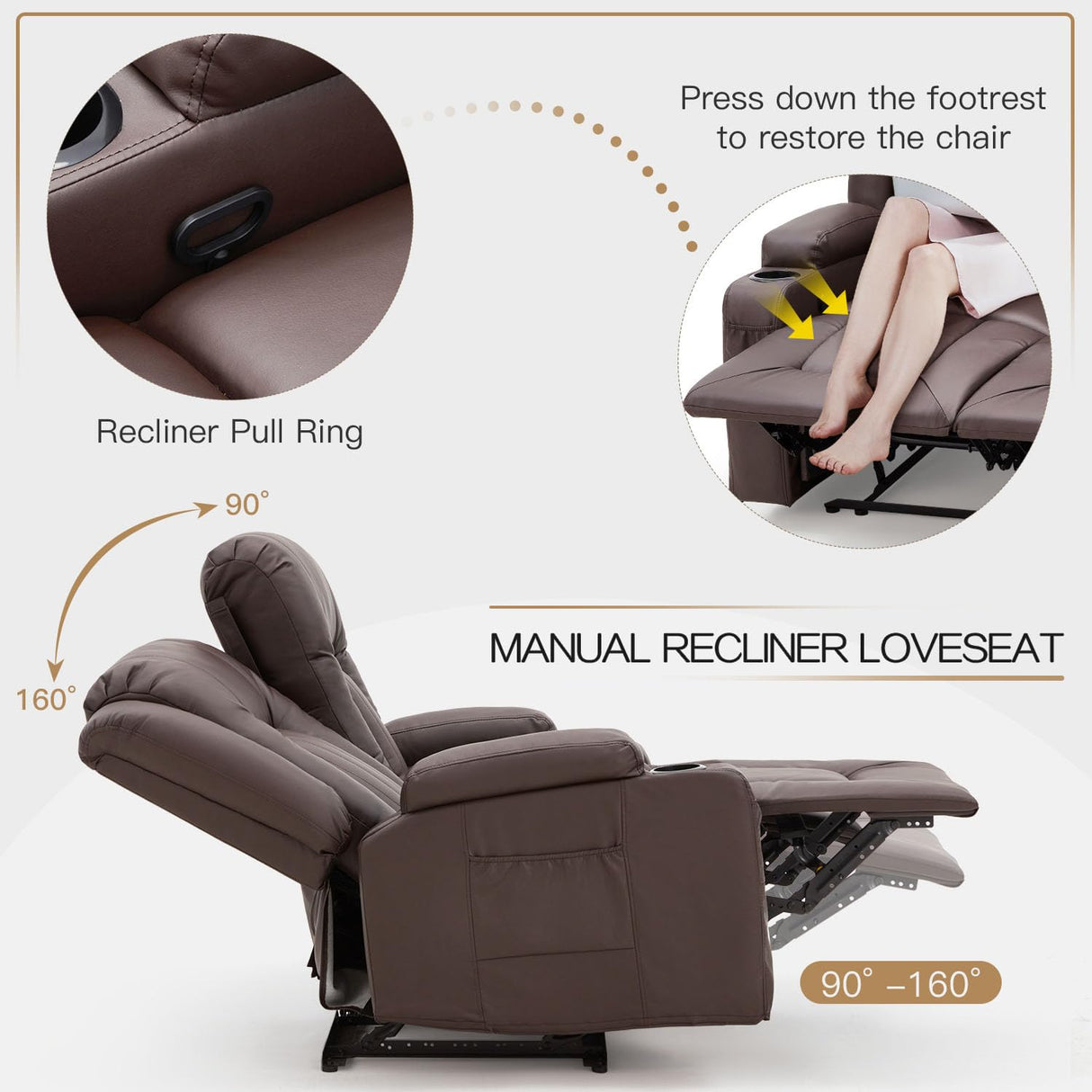 YODOLLA Loveseat Recliner with Cup Holders&Side Pockets, Home Theater Seating Manual RV Reclining Couch Sofa Double Recliner, Brown YODOLLA