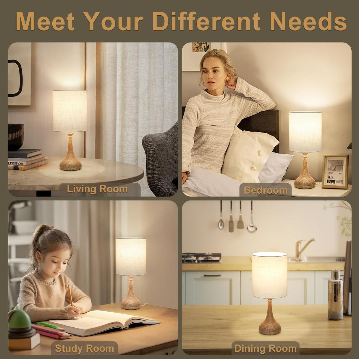 Dimmable Small Table Lamp, Bedside Lamps Touch Control for Bedrooms Nightstand with Wood Grain Base, Desk Lamp Night Light for Office Living Room, 9W 3000K LED Bulb Included Boncoo