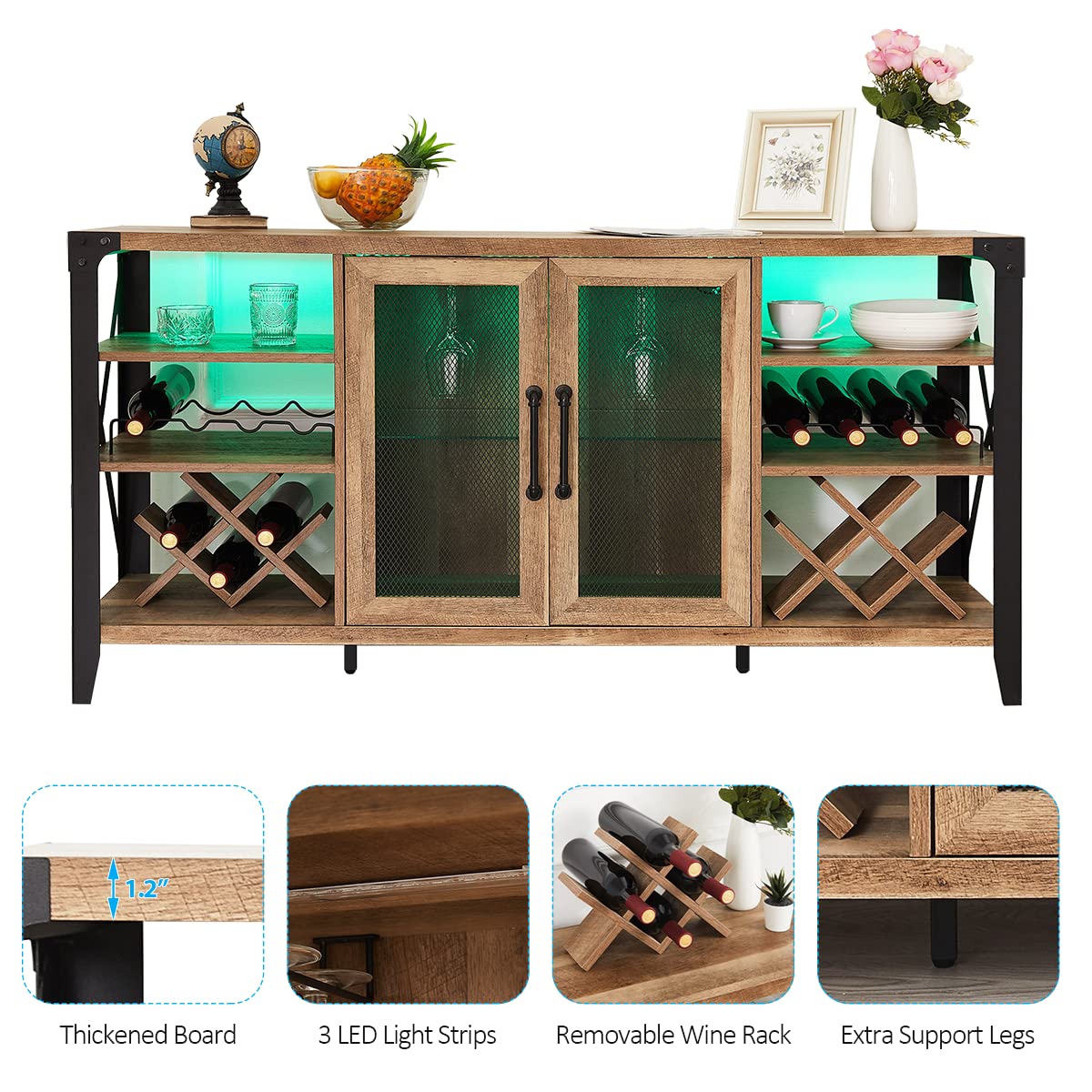 Vabches Rustic Oak Wine Bar Cabinet with LED Lights and Removable Racks for Home Living Room and Dining Room Vabches