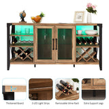 Vabches Rustic Oak Wine Bar Cabinet with LED Lights and Removable Racks for Home Living Room and Dining Room Vabches