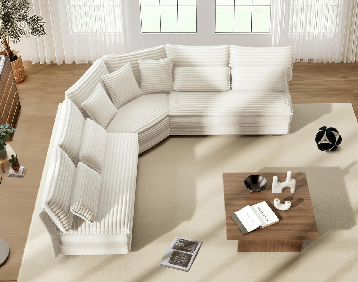 5-Seater Sectional Couch, 102" L-Shaped Corner Sofa, Oversized Corduroy Cloud Couch with 2-Layer Cushions for Living Room, Aparment (White) SUNWAVE