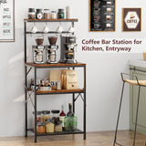 Korfile Kitchen Bakers Rack with Storage Shelves, Small Coffee Bar Table with 8 Hooks, 4 Tiers Microwave Stand Station with Adjustable Shelves, Freestanding Kitchen Appliance Organizer, Rustic Brown Korfile