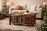 Coffee Table 36x18 Inch – Hand-Carved Solid Wood Center Table, Vintage Burnt Finish Modern Coffee Table for Living Room, Entryway Table for Magazines, Books & Plants The Wooden Town