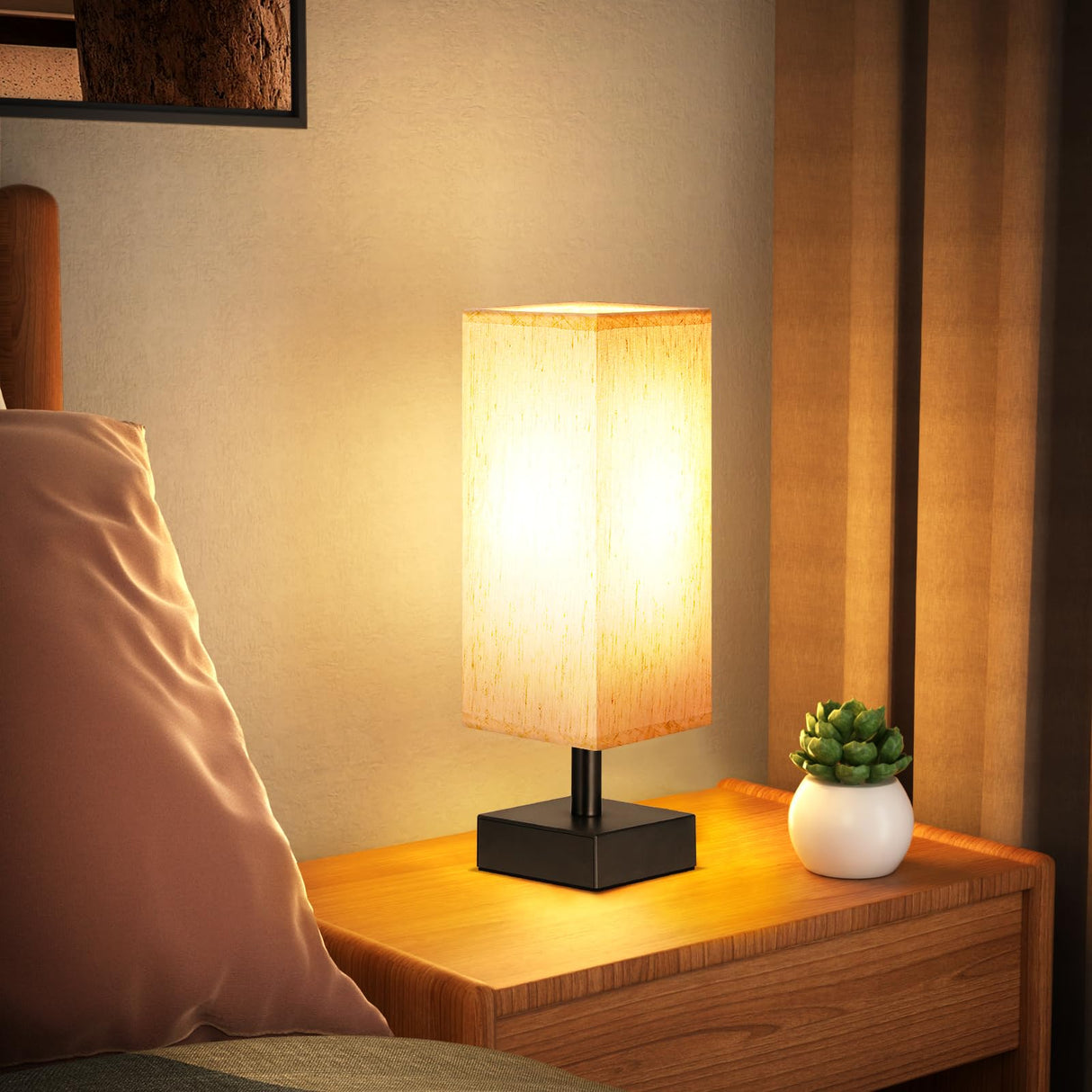 Small Table Lamp for Bedroom - Bedside Lamps for Nightstand, Minimalist Night Stand Light Lamp with Square Fabric Shade, Desk Reading Lamp for Kids Room Living Room Office Dorm aooshine