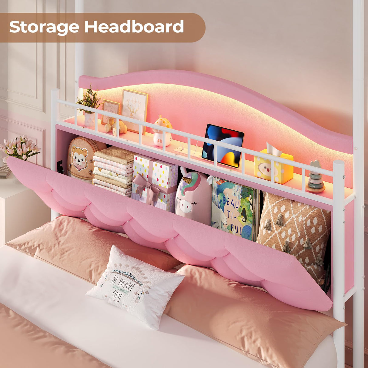 ADORNEVE Full Canopy Bed Frame with LED Lights and Charging Station, Velvet Upholstered Platform Bed for Girls,Headboard with Charging Station & Guardrail & Crystal Button,Pink ADORNEVE