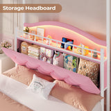 ADORNEVE Full Canopy Bed Frame with LED Lights and Charging Station, Velvet Upholstered Platform Bed for Girls,Headboard with Charging Station & Guardrail & Crystal Button,Pink ADORNEVE