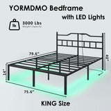 YORMDMO King Bed Frame with LED Lights, 14 inch Metal Bedframe with Headboard, Outlets & USB, Heavy Duty Basic Steel Slats Platform, Noise Free, No Box Spring Needed YORMDMO