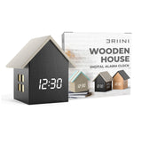 Driini Digital House Shaped Alarm Clock with Temperature Display (Dark Wood) – Modern Aesthetic with Cute Cube Frame and White LED Dimmer - Perfect Small Desk Clock for Bedside Table or Bedroom Mantle Driini