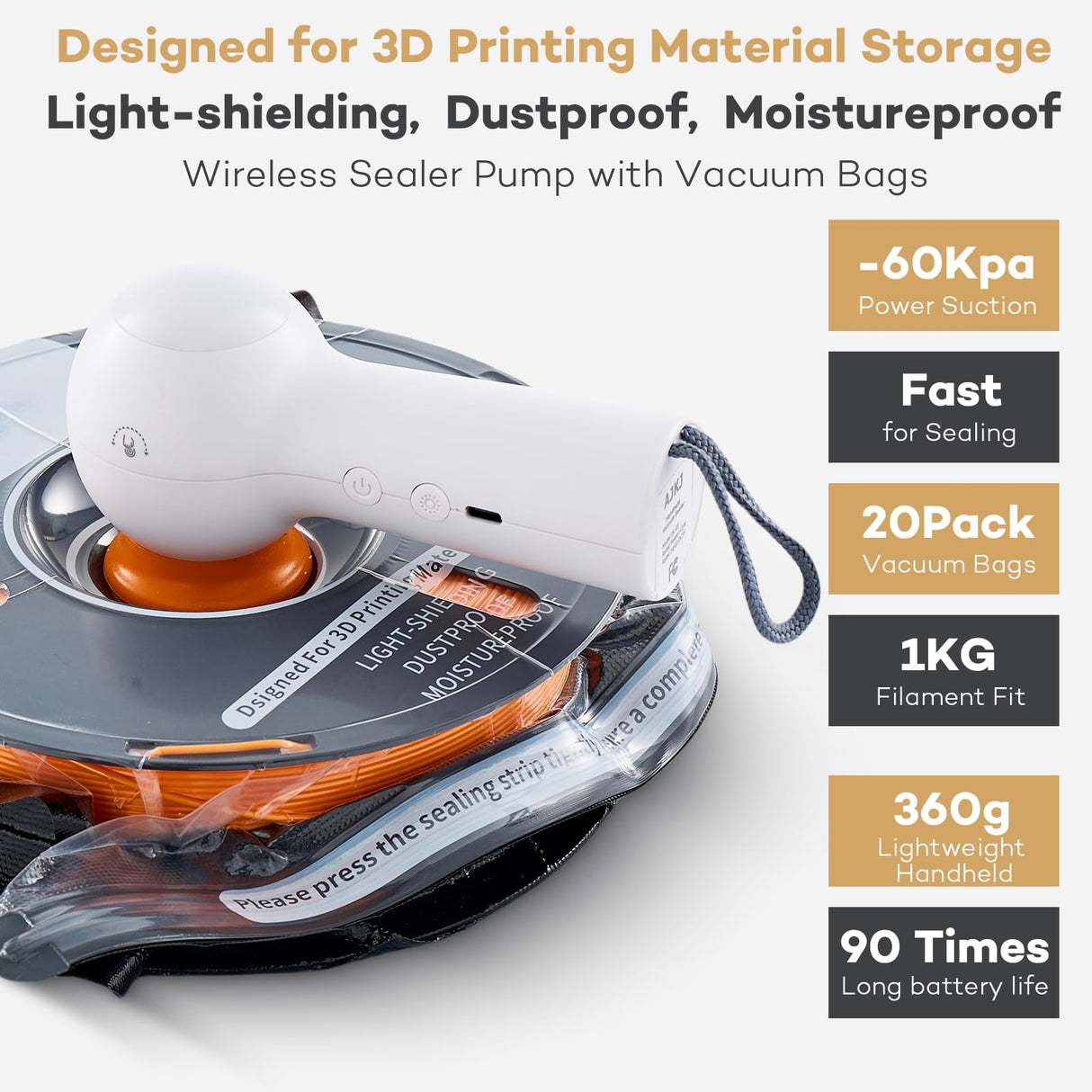Filament Storage Bags Kit with Electric Vacuum Pump - Rechargeable, 20 Pcs Light-Proof Vacuum Sealed Bags for 3D Filament with 4 Clips, Spool Sealing for Keeping Filament Dry and Clean (13.4*12.6in) AJKJ