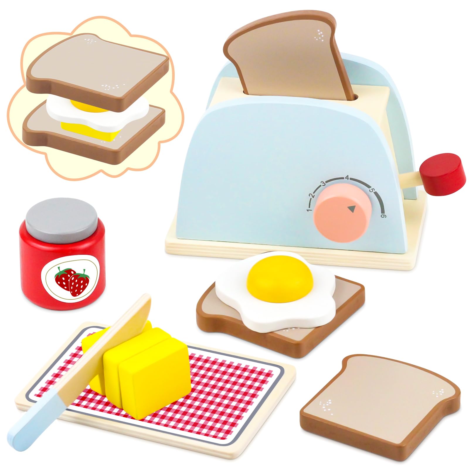 Airlab Wooden Pop-up Toaster Toy Play Kitchen Accessories Play Food Bread, Butter, Poached Egg Cutting Pretend Toys for 3 4 5 Year Old Toddlers Boys Girls - WoodArtSupply