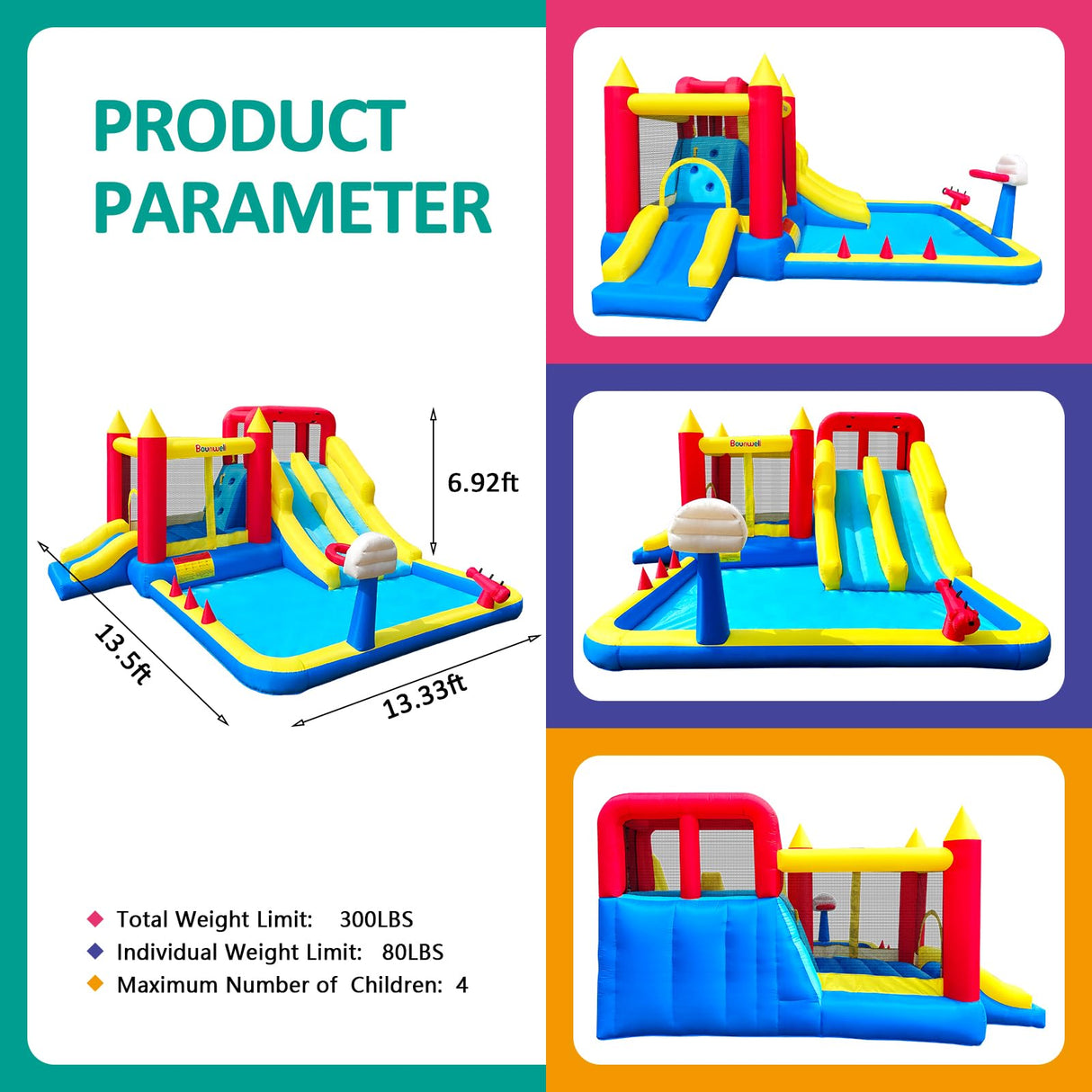 Inflatable Bounce House with Double Slide, Water Bounce Castle with Slide,Water Slide with Splash Pool, Water Cannon, Climbing Wall, Basketball Hoop, Backyard Water Slide for Kids Bounwell