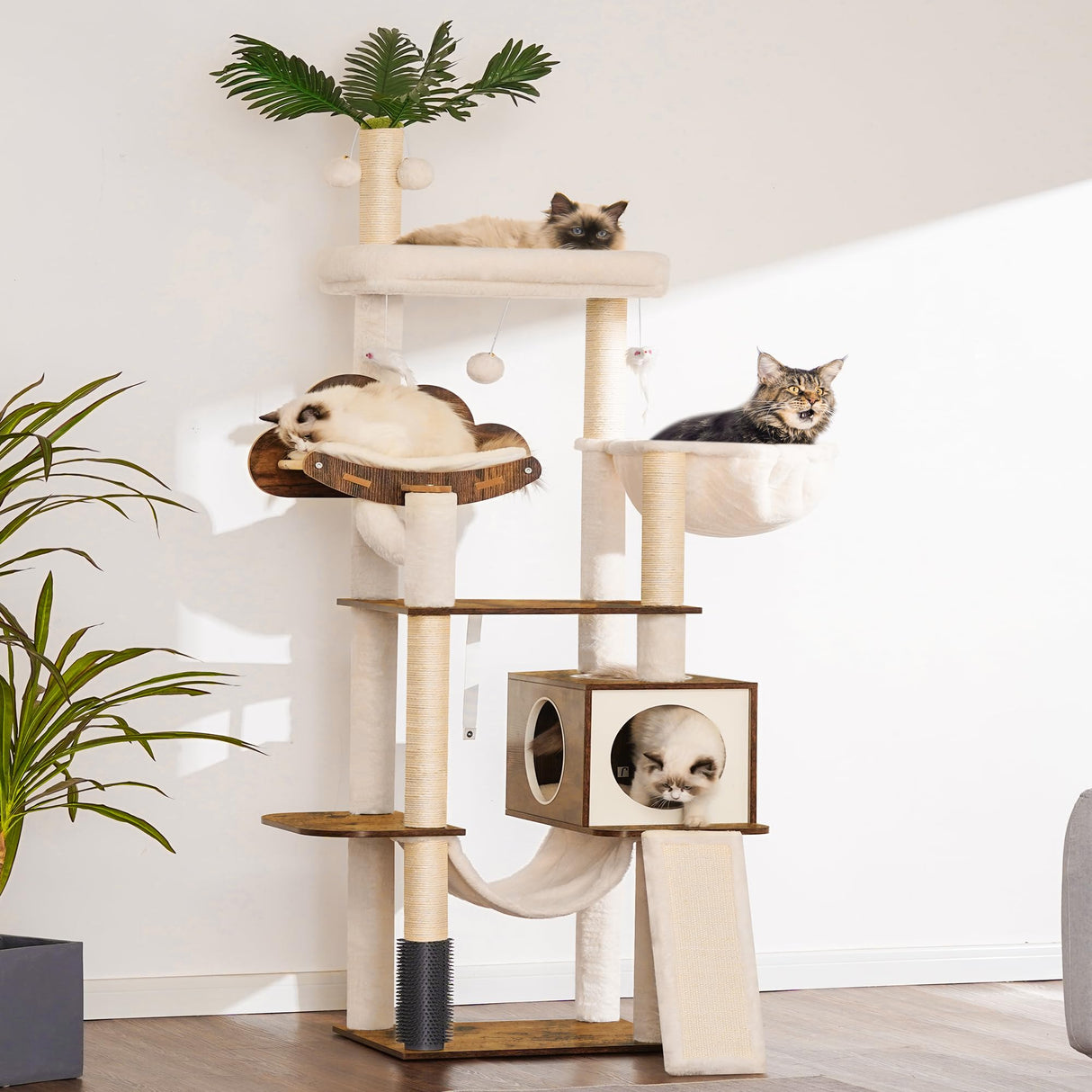 Hebly Wood Cat Tree for Indoor Cats, Cat Condo for Large Cats with Self Groomer,Modern Cat Scratching Tower with Basket,Hammock,Dangling Ball and leaves,Rustic Brown HCT120SR Heybly