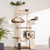 Hebly Wood Cat Tree for Indoor Cats, Cat Condo for Large Cats with Self Groomer,Modern Cat Scratching Tower with Basket,Hammock,Dangling Ball and leaves,Rustic Brown HCT120SR Heybly