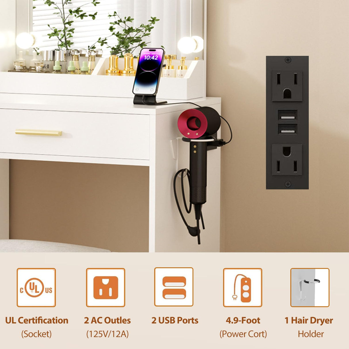 ERLEJIA Vanity Desk with Mirror and Lights & Extral Foldable Desk, 35.43"-43.3" Makeup Vanity Table with Stool and Plug Strip, 5 Drawers and and Open Shelves Dressing Table for Bedroom, White ERLEJIA