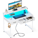 ODK 40 Inch Small Computer Desk with 3 Drawers and USB Power Outlets, Home Office Desks with LED Lights and Adjustable Monitor Stand, Work from Home, Modern Work/Writing/Study Table for Bedroom, White ODK