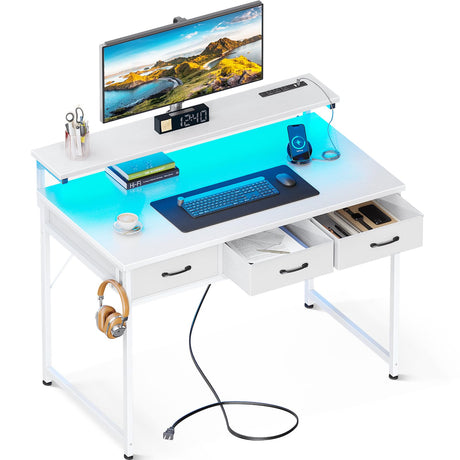 ODK 40 Inch Small Computer Desk with 3 Drawers and USB Power Outlets, Home Office Desks with LED Lights and Adjustable Monitor Stand, Work from Home, Modern Work/Writing/Study Table for Bedroom, White ODK