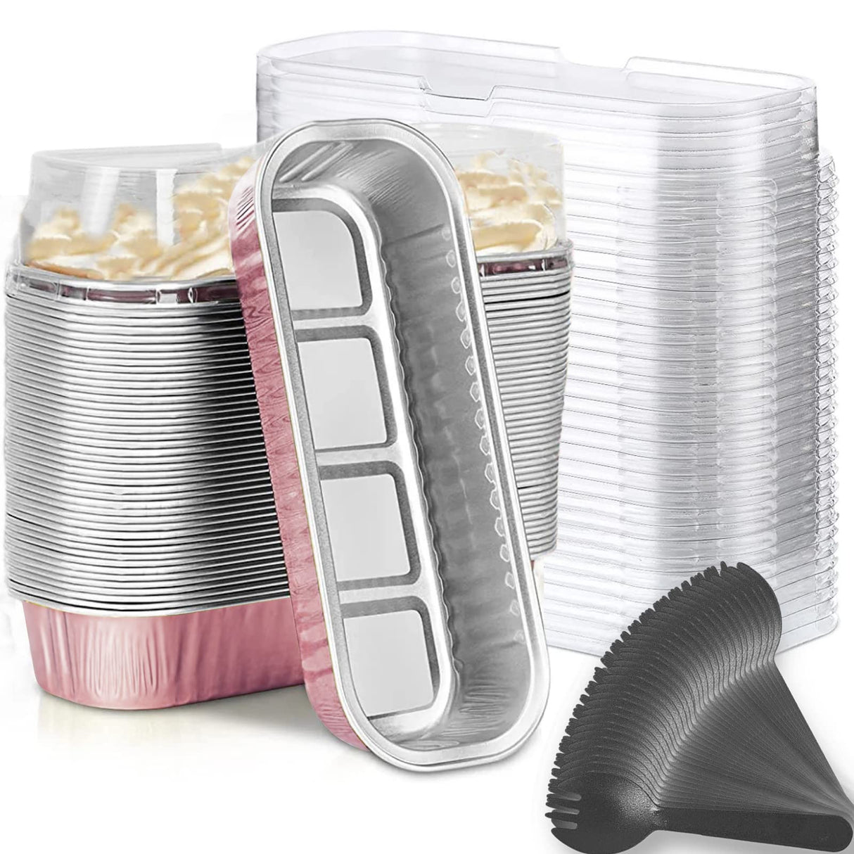Findful Mini Loaf Baking Pans with Lids and Spoons (50 Pack, 6.8oz) Rectangle Aluminum Foil Baking Pans Tins Containers - Cupcake Containers Wrappers Cheesecake Creme Brulee Ramekins Findful