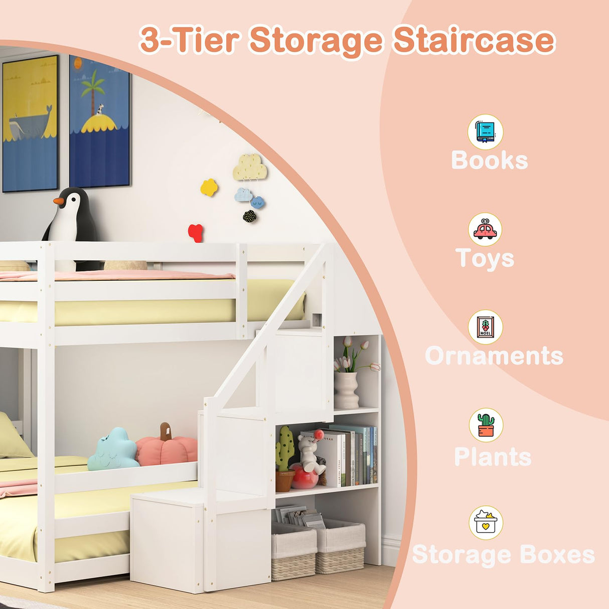 KOMFOTT Wood Full Over Full Low Bunk Bed with Storage Staircase, Wooden Bunk Bed Frame with Full-Length Guardrails, Low Profile Kids Bed with Slats Support, No Box Spring Needed KOMFOTT