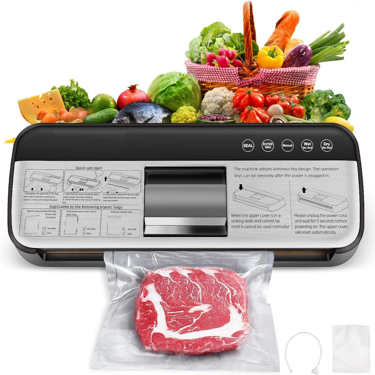Powerful Vacuum Sealer Machine, One-Touch Automatic Food Sealer with 15 Bags, Dry/Moist/Seal/Manual/External Vac, 7MM Heating wire, Compact Easy-Clean for Food Storage and Sous Vide TEZILON