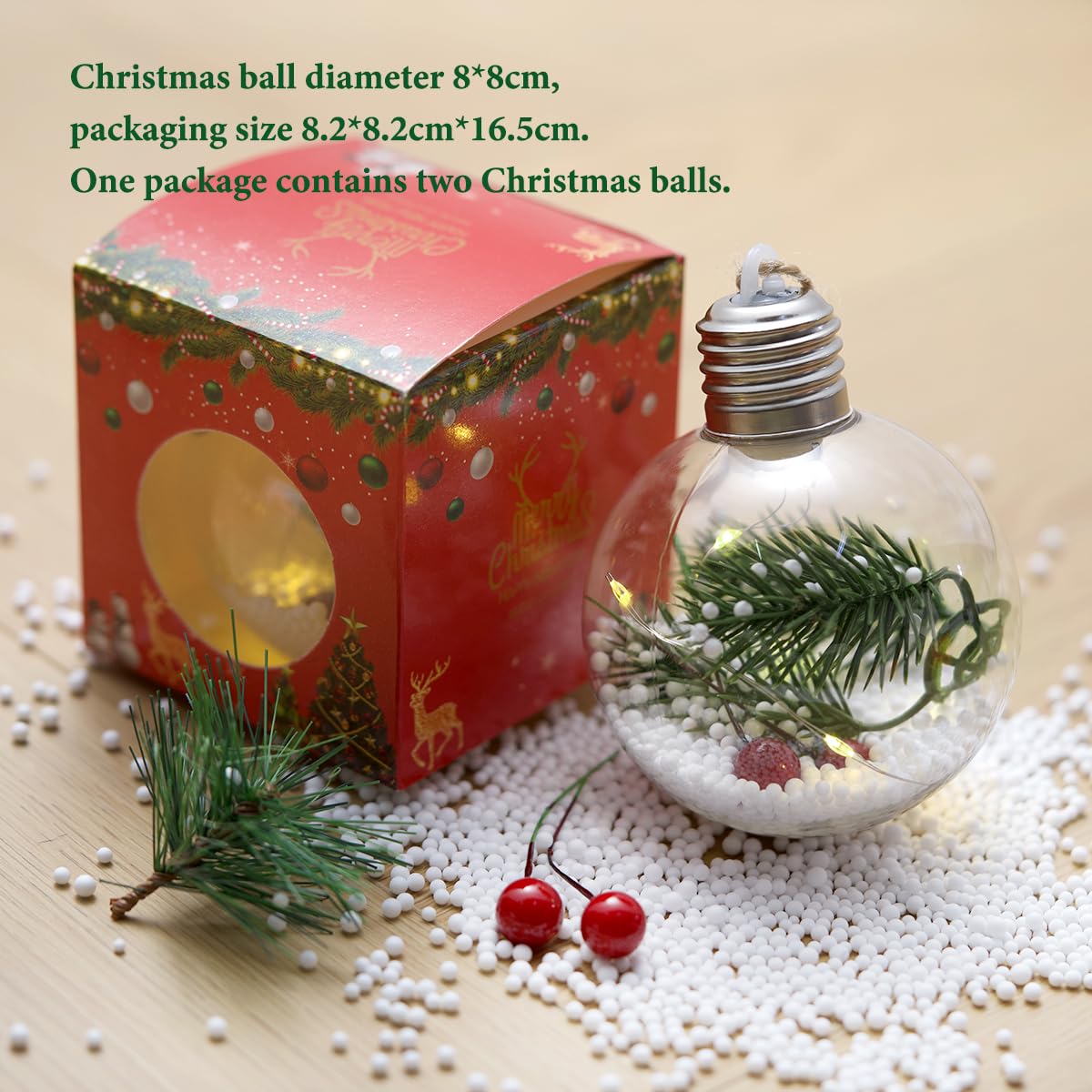 Wonnisx-2 Packs 8cm*8cm LED Christmas Tree Balls/LED Christmas Lights，Christmas Tree Decoration Ball/Glowing Transparent Christmas Balls