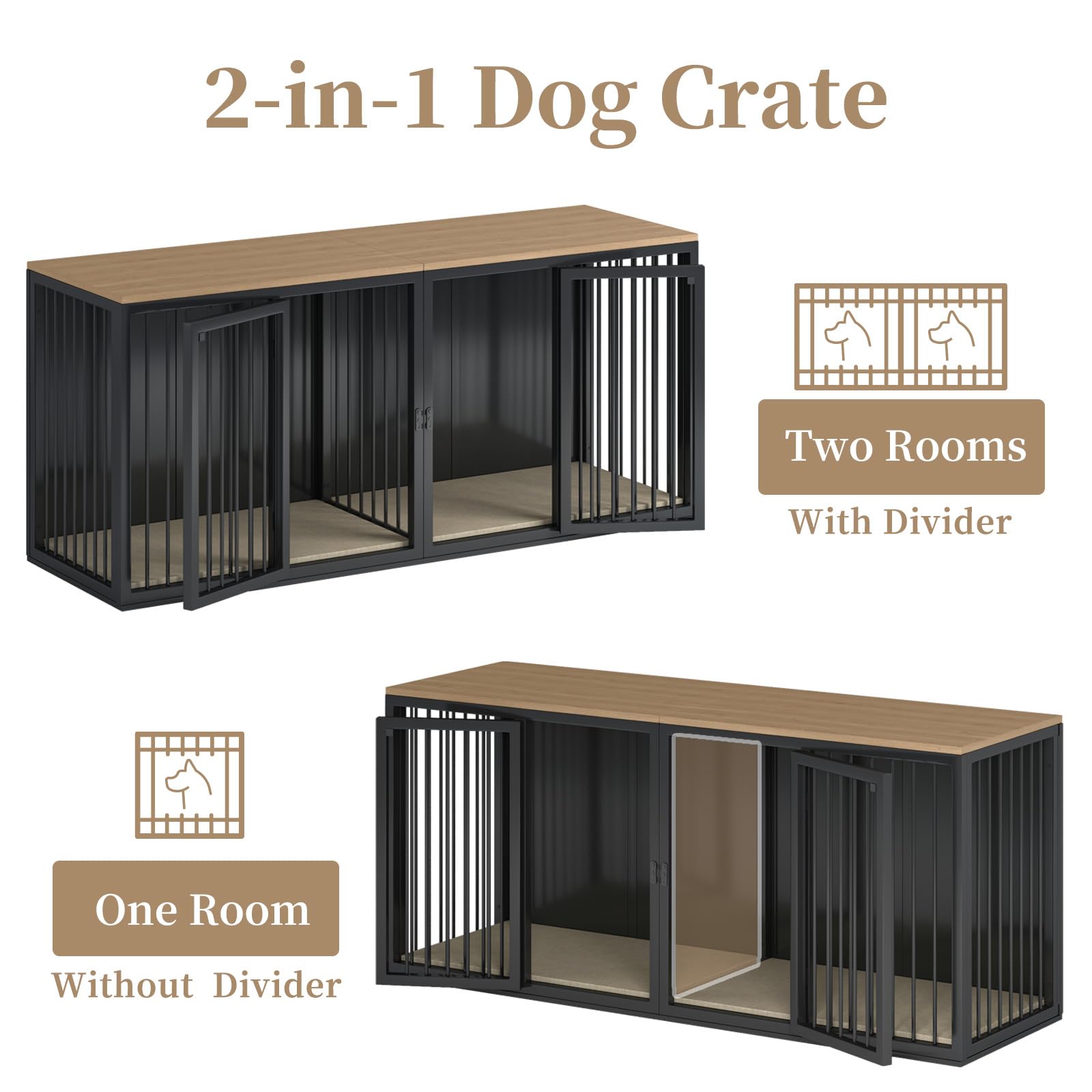 Large Dog Crate Furniture for 2 Dogs, 71.6'' Steel Frame Dog Crate with Double Doors, Heavy Sturdy Dog Kennel for Small Medium Large Dog, Indoor Double Dog Cage (Black) - WoodArtSupply